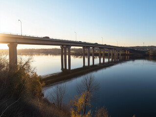 Obraz premium River Crossing: Highway Bridge Over a Wide River Reflecting the Sky