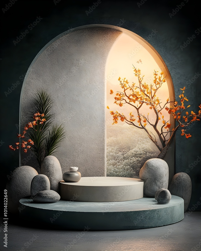 Aufkleber serene product display in dramatic 3d studio setting with abstract brushwork backdrop and illuminate