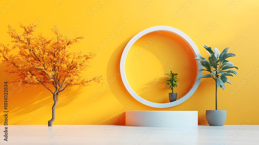 Poster vibrant 3d product display presented in a minimalist studio setting featuring a centered podium agai