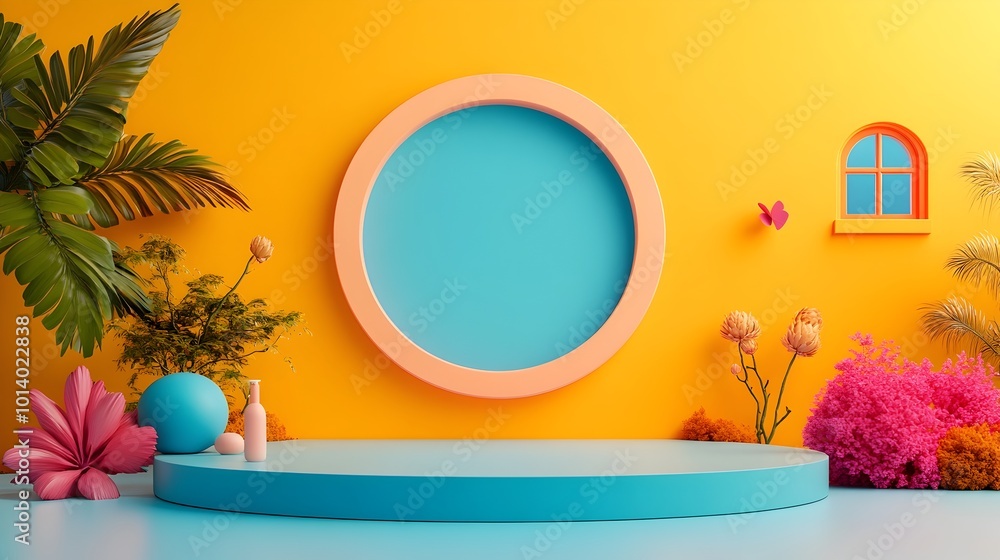 Poster vibrant 3d product display set in a minimalist studio space with a bright yellow backdrop bare floor