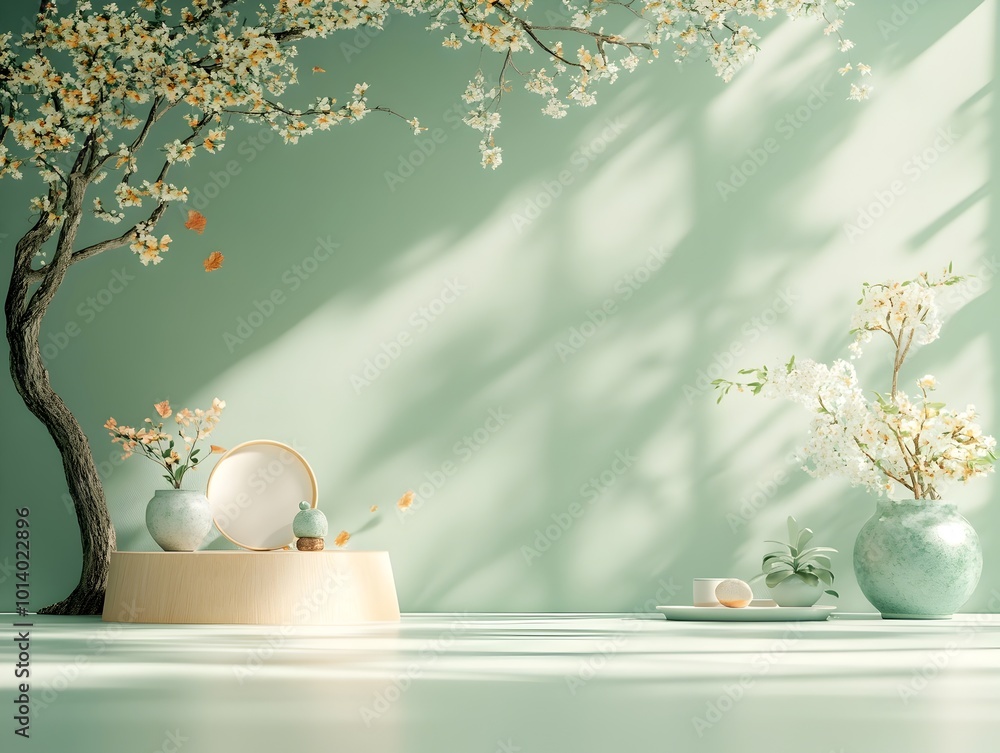 Aufkleber minimalist 3d studio scene featuring a clean white floor and walls with a gradient green backdrop a 