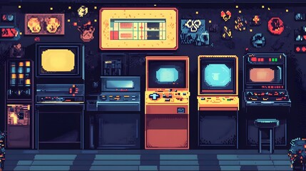Pixel art game retro 8-bit video game interface background with classic 8-bit graphics, pixelated elements, and vibrant colors