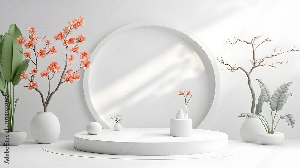 Poster minimalist 3d studio room setup with empty white podium black and white background and dramatic sunl