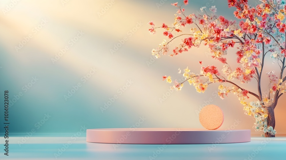 Aufkleber empty 3d product display room with hazy floral backdrop plain floor and wall shadow cast from window