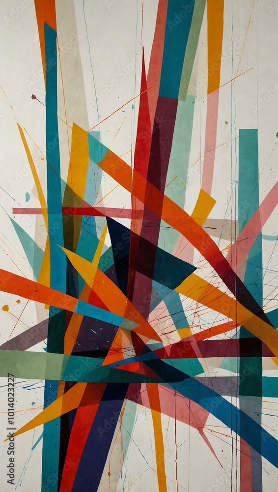 Poster abstract geometric art with colorful intersecting shapes on white.