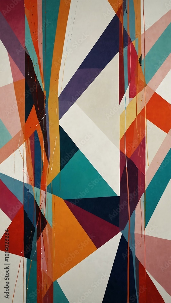 Poster abstract geometric art with colorful intersecting shapes on white.