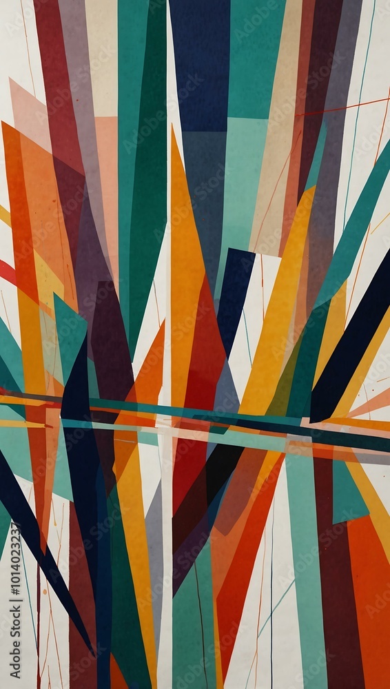 Poster abstract geometric art with colorful intersecting shapes on white.