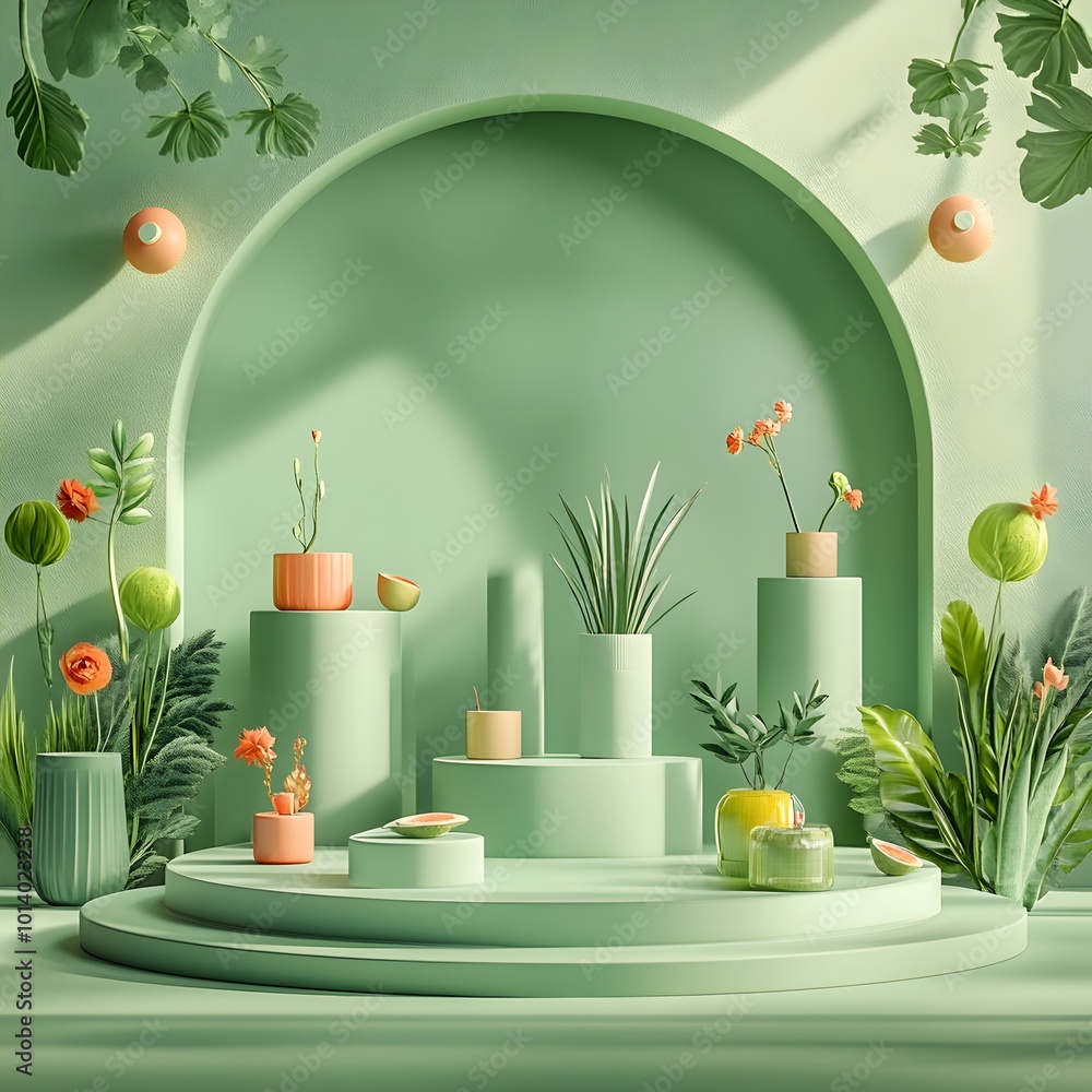 Aufkleber lush botanical backdrop in minimalist product display studio with directional lighting casting shado