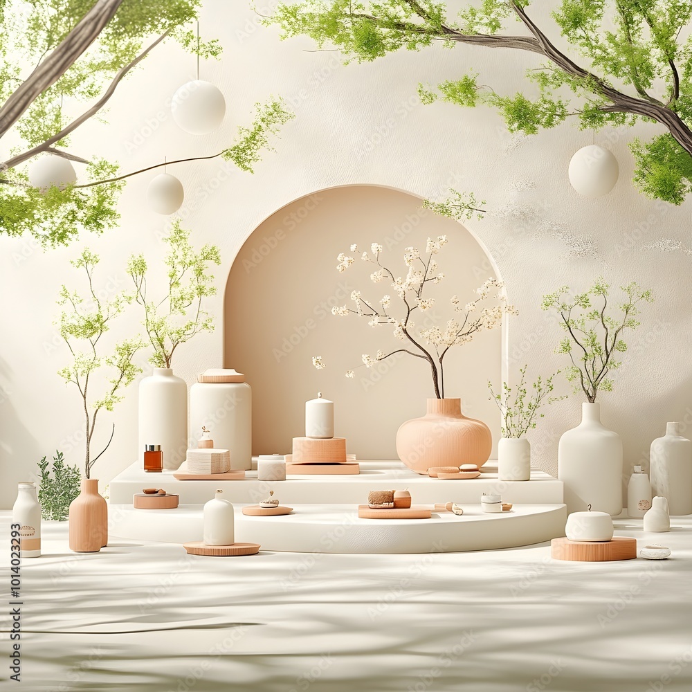 Poster serene and elegant botanical backdrop showcasing a minimalist product display arrangement within a c