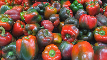 Red and green paprikas for sale at the market