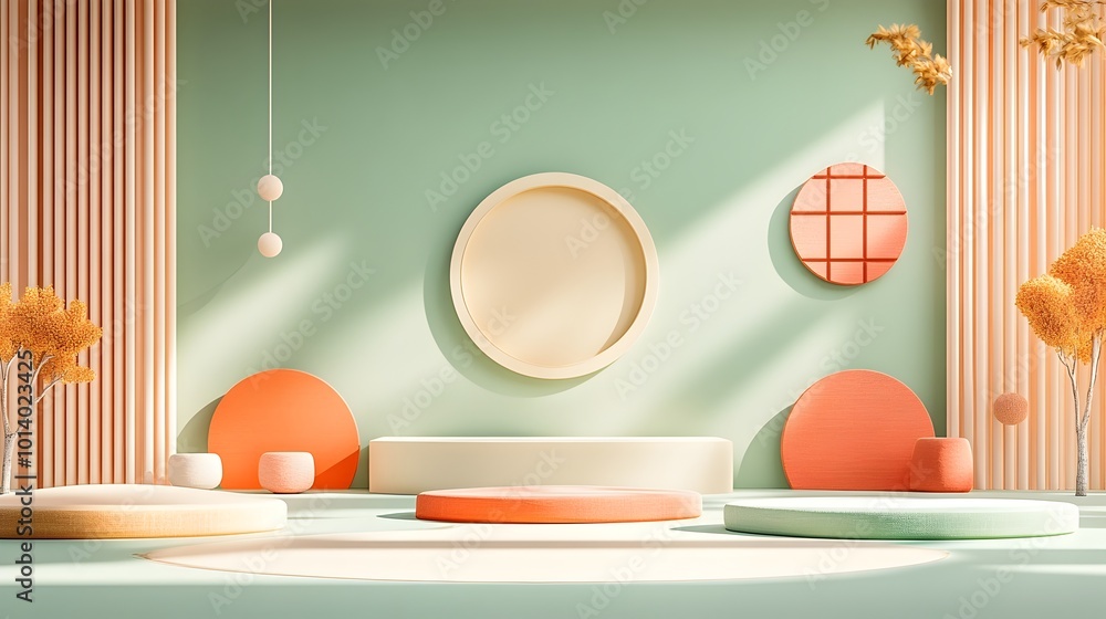 Poster minimalist product display studio setup with geometric patterns empty floor and wall podium window s