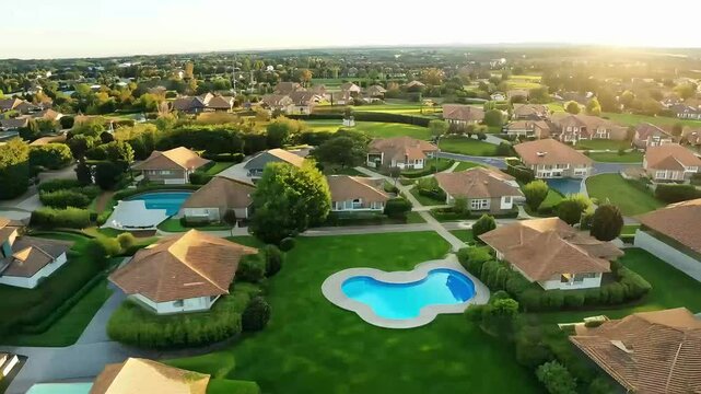 breathtaking suburban landscape highlighting green spaces pools houses while exploring intricacies urban design above neighbour hood house street city planning residential