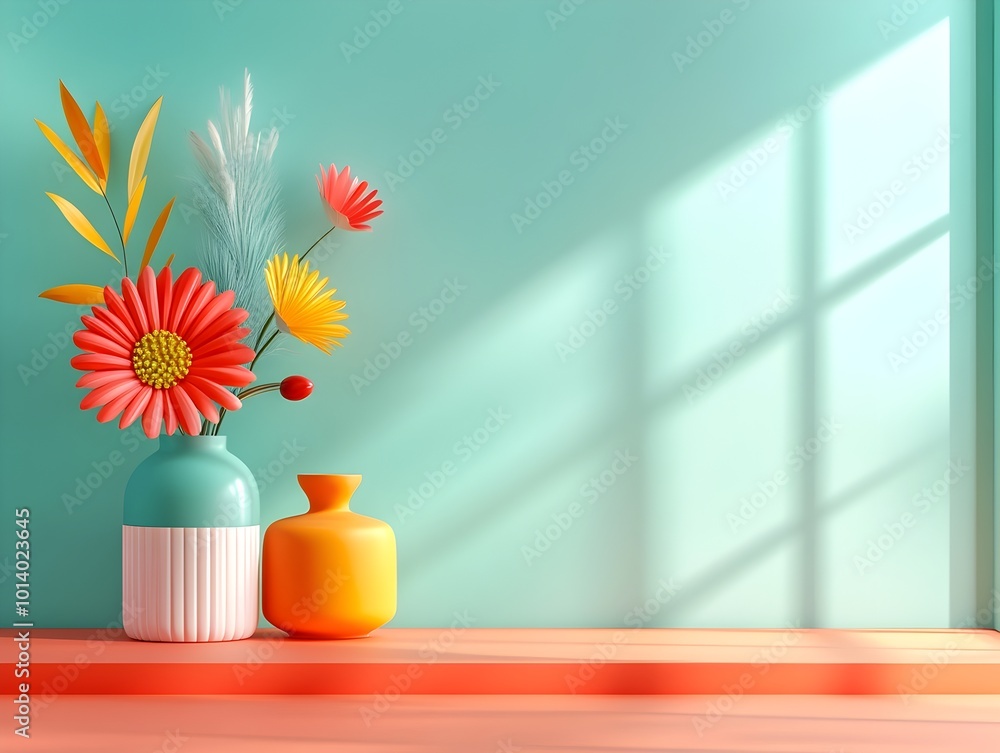 Poster minimalist and sleek 3d product photography studio scene featuring a coral gradient backdrop shadow 