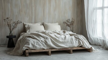A minimalist bedroom with organic cotton linens and a bed frame made of reclaimed wood
