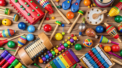 A vibrant and engaging display of musical instruments designed for children, with brightly colored toys made from wood and plastic, encouraging creativity and exploration.