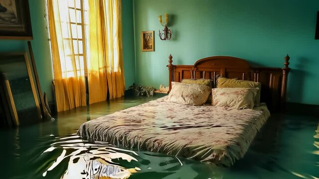 A flooded bedroom with water covering the floor and bed during daytime. The room has teal walls and yellow curtains, a large bed, and sunlight filters through the window. The scene reflects disaster