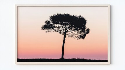 A minimalist print of a silhouette of a pine tree against a soft pastel sunset, framed in light wood