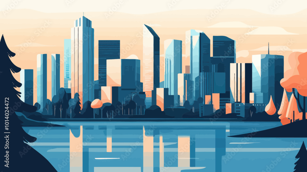Poster modern cityscape with tall buildings and reflective waterfront in flat vector style for urban develo
