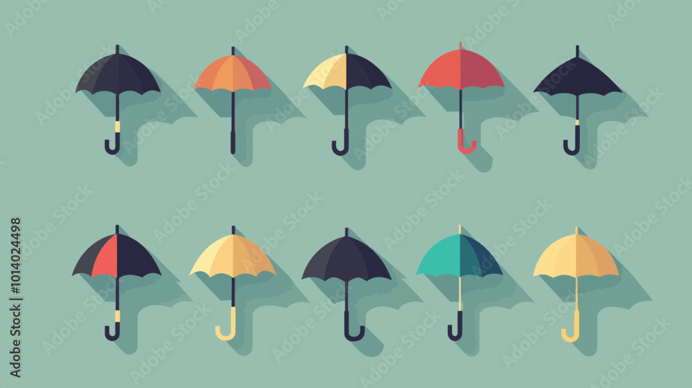Poster colorful flat design umbrella icons collection with shadows on teal background for ui and graphic re