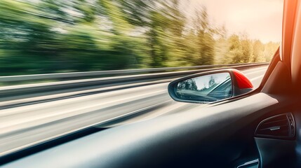 Obraz premium Point-of-view perspective from a car on a highway, conveying motion and travel, with blurred scenery suggesting movement