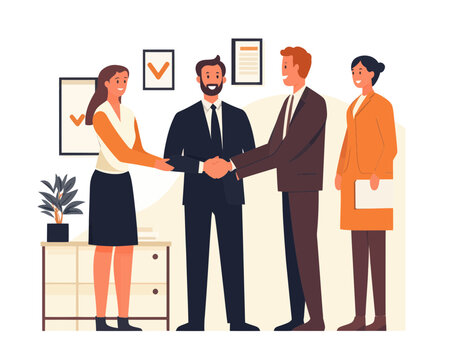 Business manager welcoming new employee with handshake, onboarding and orientation training illustration, office colleagues introduction, flat minimalist vector concept