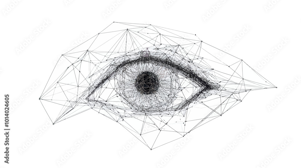 Aufkleber low poly wireframe eye with geometric triangles and digital connections, minimalist tech design, abs