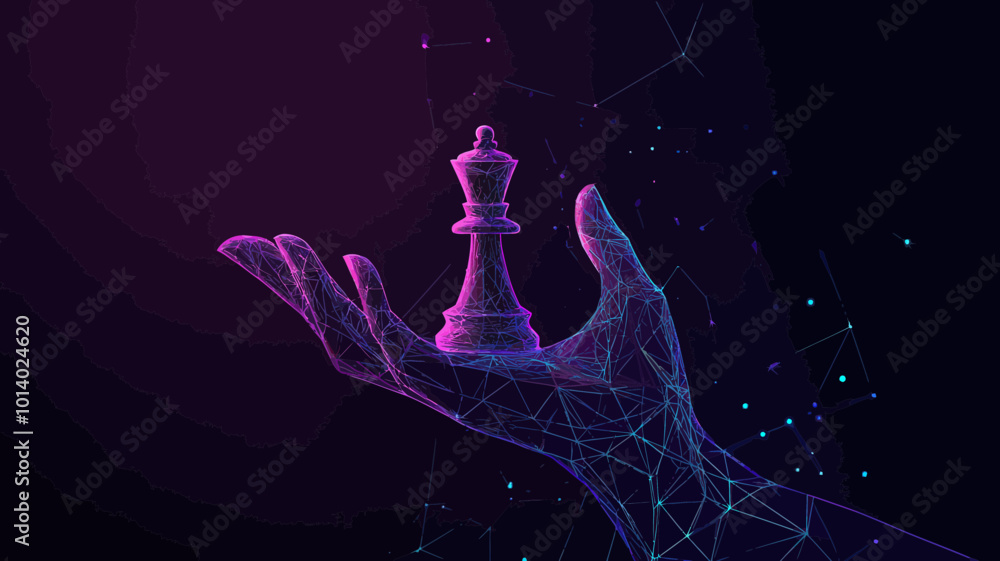 Poster abstract polygonal hand holding chess pawn with light connection structure - geometric low poly vect