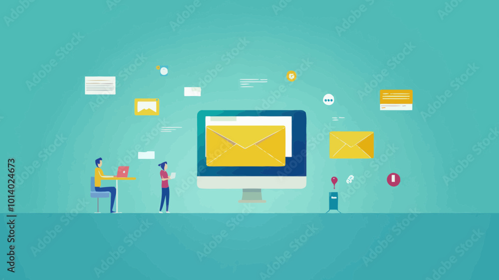 Poster flat design banner for email marketing concept with characters and computer illustrating digital com