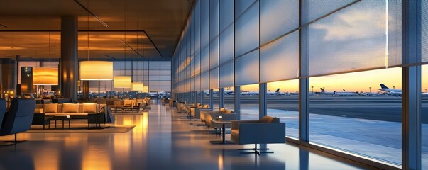 A modern airport lounge with panoramic windows complemented by automated blinds and mood lighting that adjust based on time of day and weather conditions