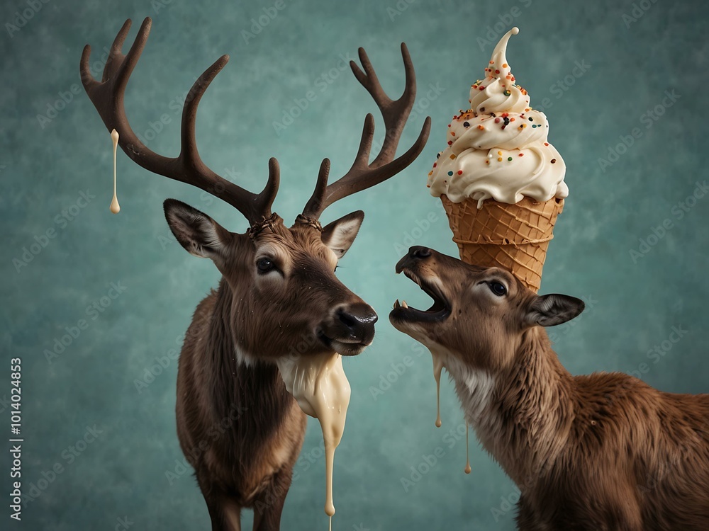 Poster abstract scene with a reindeer and an ice cream cone stuck to its face.