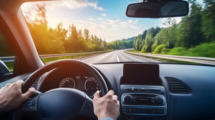 Point-of-view perspective from a car on a highway, conveying motion and travel, with blurred scenery suggesting movement