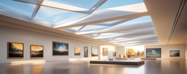 A modern art gallery with skylights that adjust tint based on the sunlight, protecting artworks...