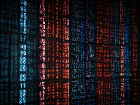 Abstract representation of binary code with blue and red lights.