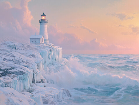 Winter's Guard: A Frozen Lighthouse Overlooking Stormy Waves
