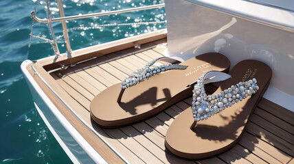 On the deck of the yacht, ladies sashay in glamorous beach thongs embellished with sparkling crystals and pearls, their footwear a dazzling accessory, Generative AI