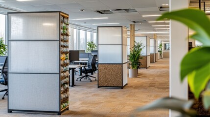 A modern co-working space with partitions made from recycled plastic bottles and natural fiber carpets
