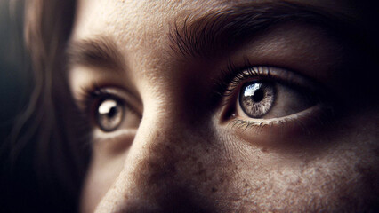 Close-up portrait of a person where the iris of the eye and freckled skin can be seen.