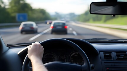 Point-of-view perspective from a car on a highway, conveying motion and travel, with blurred scenery suggesting movement