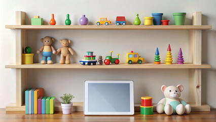 Wooden shelves filled with colorful toys and a tablet on a desk