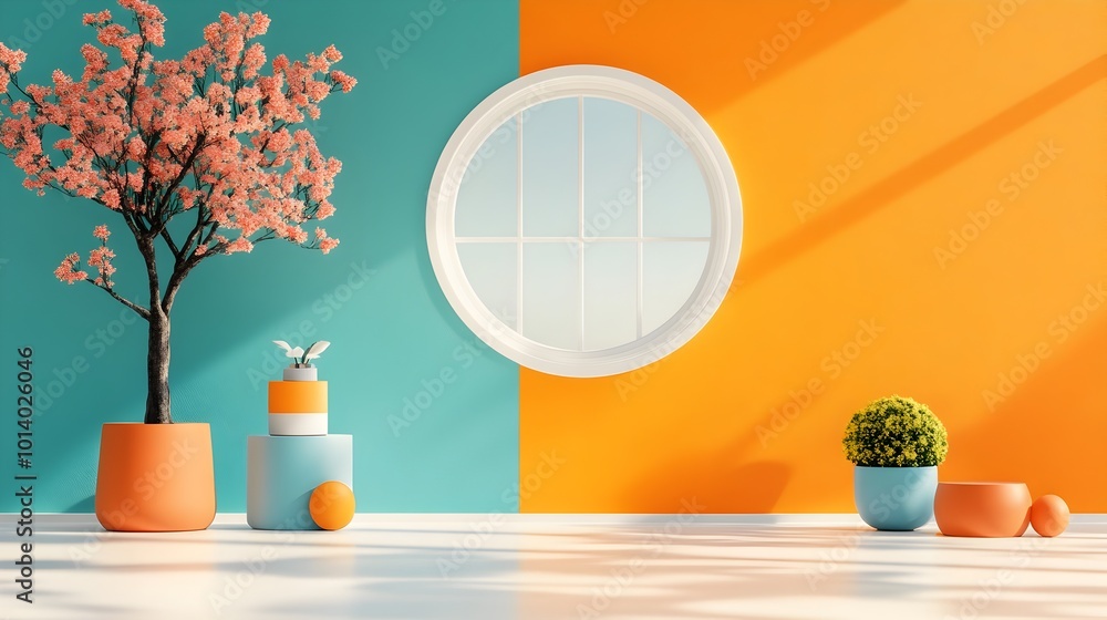 Poster elegant 3d studio room with gradient orange background and natural lighting mockup empty floor and w
