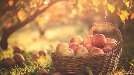 Rustic apple orchard at harvest, baskets of freshly picked apples ,  evoking the nostalgia of autumn traditions