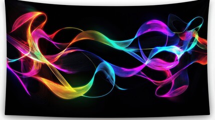A modern tapestry featuring an abstract, digital art design with vibrant neon colors on a black background