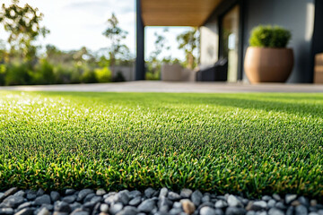 Close up of artificial grass lawn. Synthetic grass front yard - modern house. Artificial lawn.
