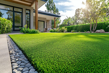 Close up of artificial grass lawn. Synthetic grass front yard - modern house. Artificial lawn.