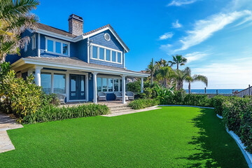 Traditional beach home front yard features artificial grass lawn. Synthetic turf. 