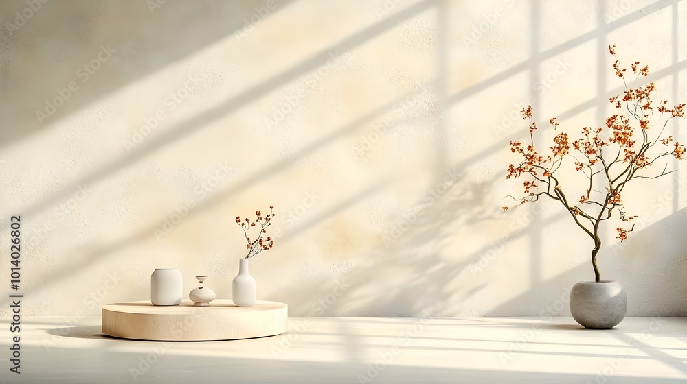 Aufkleber peaceful and elegant 3d studio room scene with textured cream background empty floor and wall produc