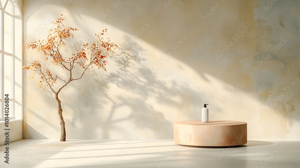 Poster elegant 3d studio room with a textured cream background an empty floor and wall and a product podium