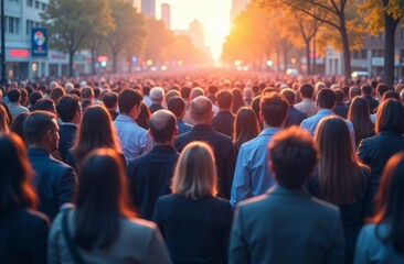 Large crowd of people walking at sunset in the city
Large crowd of people, walking at sunset, urban background, back view, diverse group, sunlight in the background, warm tones