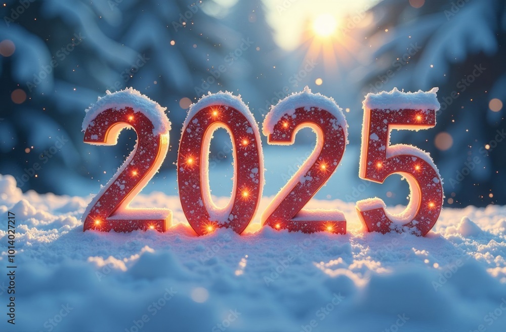 Wall mural number 2025 in red illuminated letters covered with snow, placed on a snowy field with snowy trees i