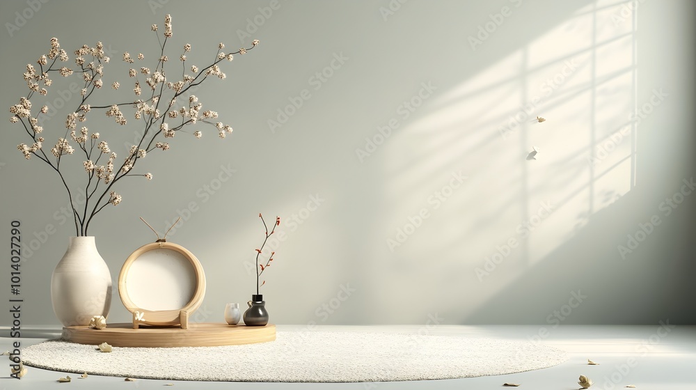 Poster 3d rendering of a minimalist studio room with a neutral gray background empty floor and walls and a 